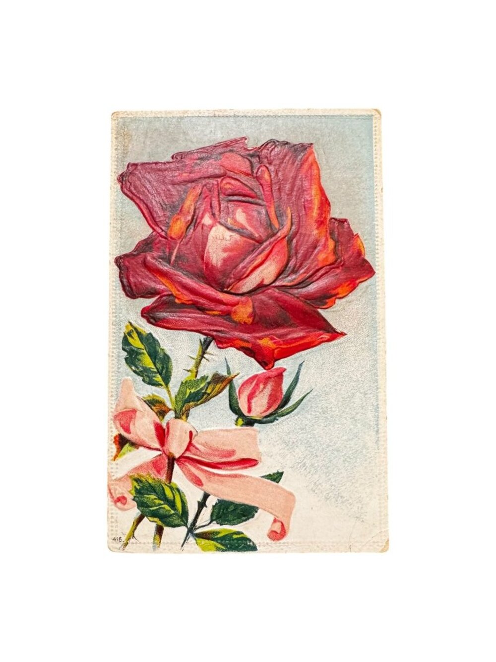 Antique Embossed Red Rose Postcard Pink Ribbon 1914 Postmark Victorian Edwardian